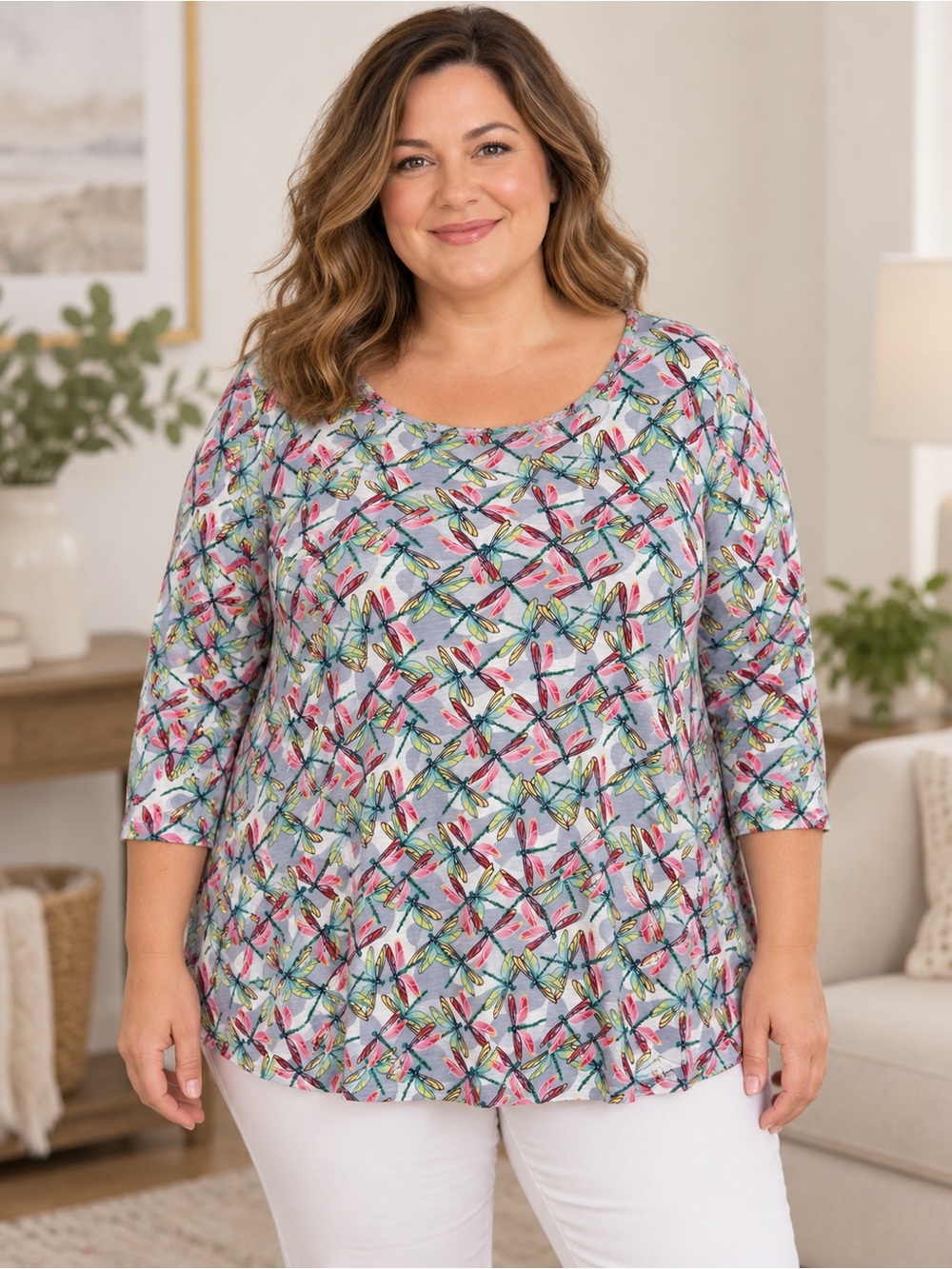 Talbots 3X Dragonfly Print Cotton 3/4 Sleeve Scoop Neck Top Whimsical Preppy